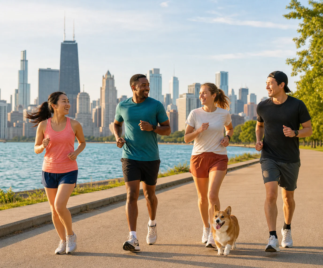 Four runners and a corgi on Chicago's Lakefront Trail with the skyline behind them